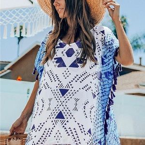 CupShe Geometric Print Tassel Trim Cover Up Blue and White
